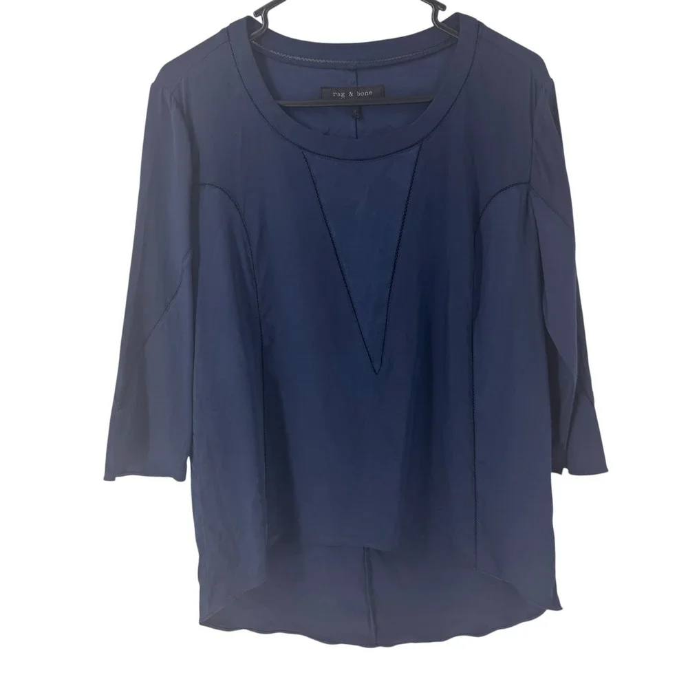 Rag‎ & Bone Navy Blue Silk Blend High-Low Blouse Ladder Stitch Detail Size M